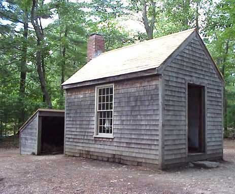 Thoreau's one-roomed cabin at Walden pond. The walls are shingled with cedar, with a small woodshed. Minimalists have more free time