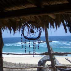 A dreamcatcher hangs from a thatch roof with the beach in the background reminding us to be lucid living in this waking dream