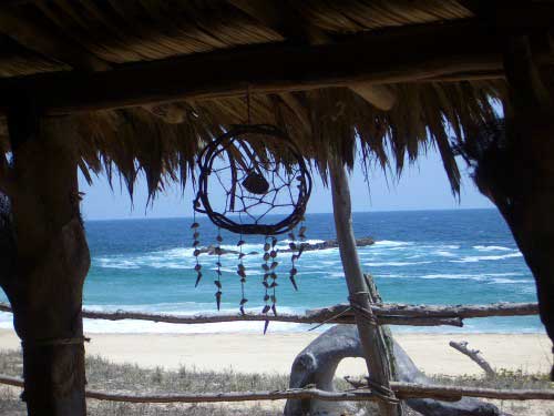 A dreamcatcher hangs from a thatch roof with the beach in the background reminding us to be lucid living in this waking dream