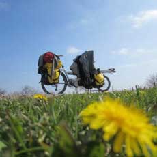 Our tandem Pino Tour bike loaded with 3 months of camping equipment