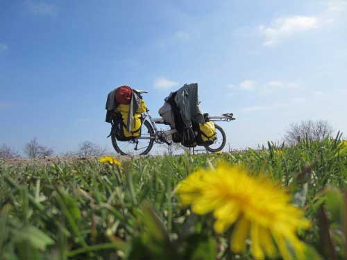 Our tandem Pino Tour bike loaded with 3 months of camping equipment