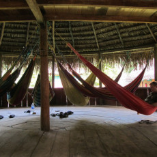 Several hammocks in a palm roof hut; the original space saving furniture.