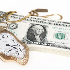 Money bends time, depicted by a melting gold pocket watch atop a stack of US dollars.