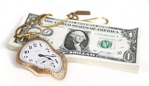 Money bends time, depicted by a melting gold pocket watch atop a stack of US dollars.