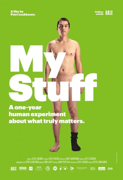 A nude man stands against a green background with the words, "My Stuff" covering his genitals.